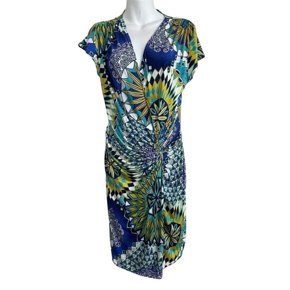 Egerie Paris Faux Wrap Dress Sz S Mixed Pattern Turquoise Blue Yellow  Cap Sleev - Picture 1 of 7